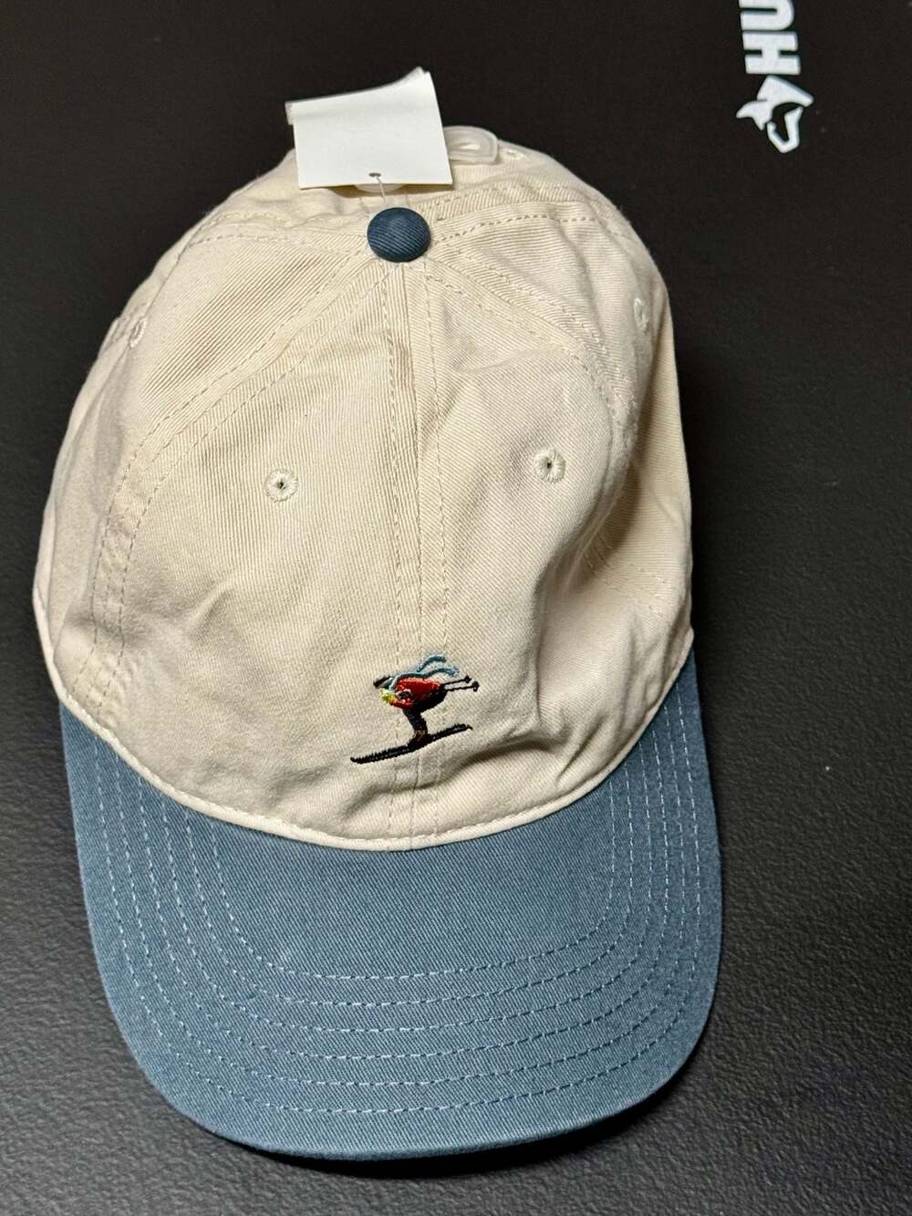 Mighty Fine Skiing Skier Embroidered Cream and Blue Baseball Cap Hat
